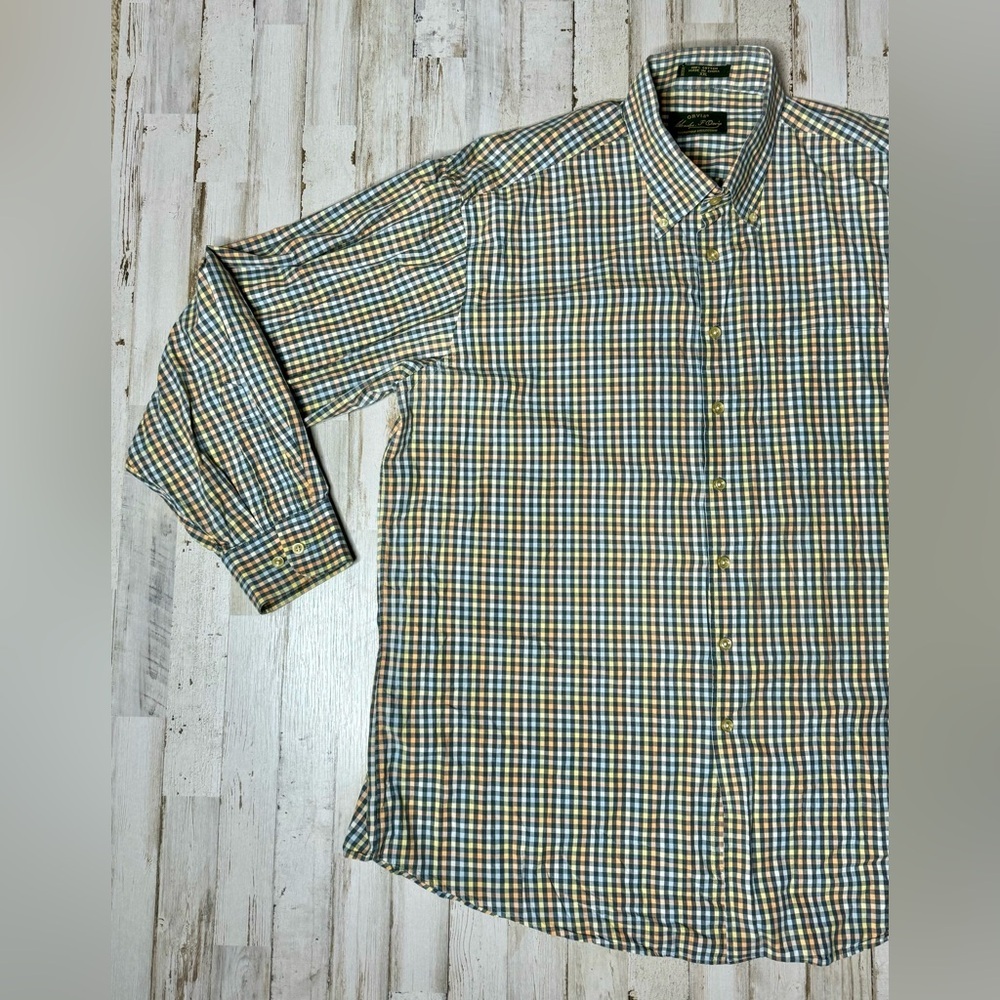 Orvis Men's Casual Button Down Shirt - Blue, yellow, gold checked pattern. - Picture 3 of 13